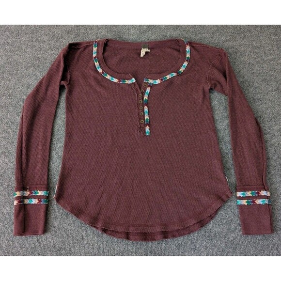Free People We the Free Henley Top Womens Rainbow Thermal Size XS Burgundy Boho - Picture 1 of 9